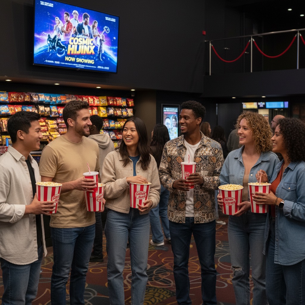 A diverse group of friends stands in a movie theater lobby holding popcorn and drinks while chatting in front of a snack display.