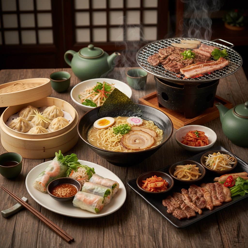 A wooden table is filled with a variety of Asian dishes, including a steaming bowl of ramen, a bamboo steamer of dumplings, fresh spring rolls, and grilled meats cooking on a tabletop charcoal grill.