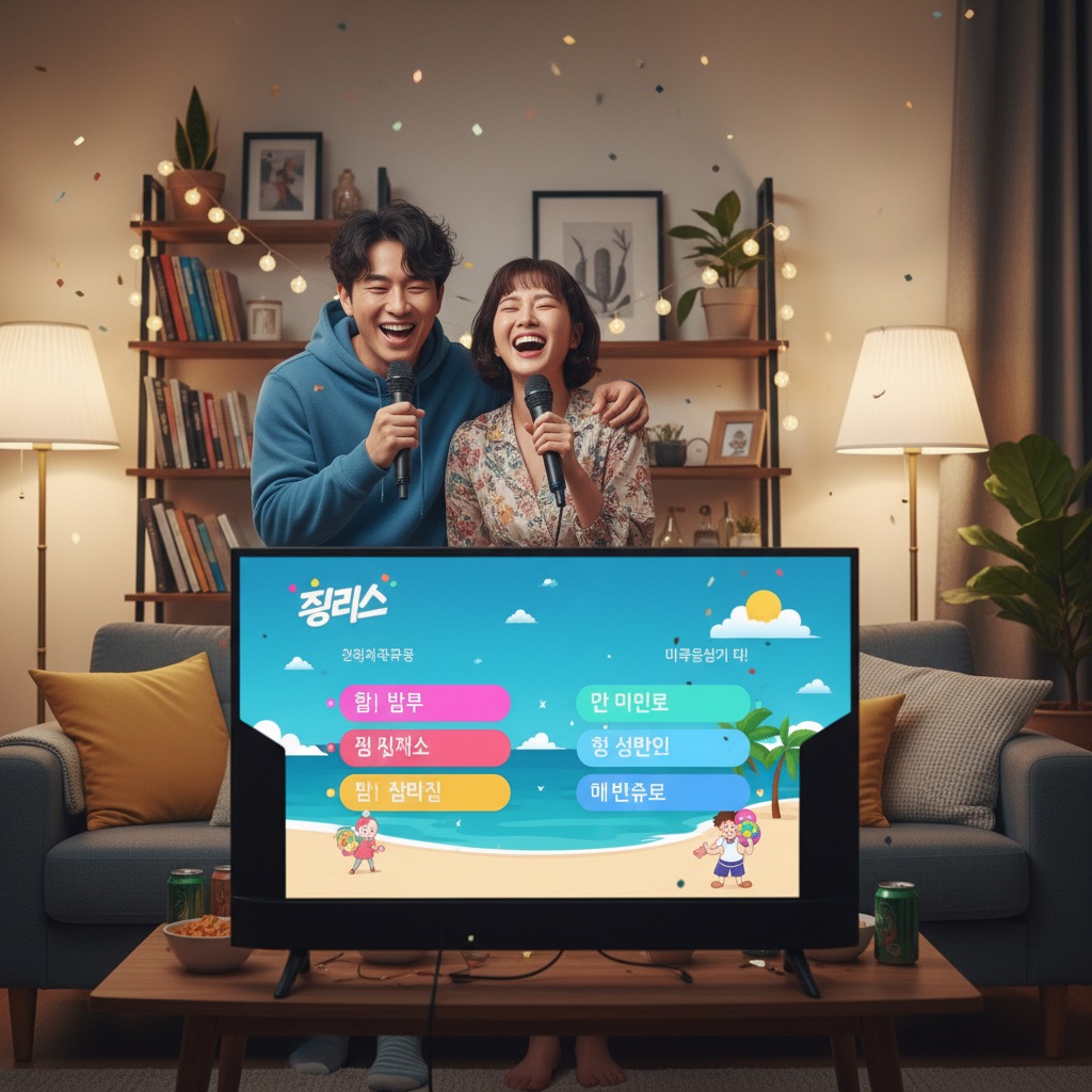 A young man and woman laugh while singing karaoke in a living room in front of a television displaying a colorful game interface.